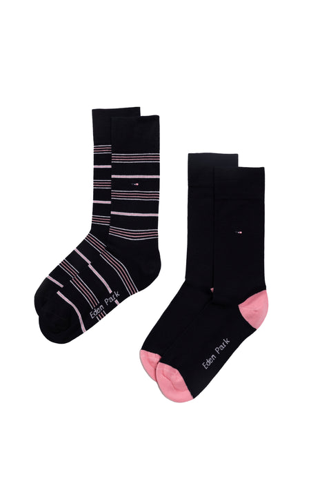Lot de deux paires de chaussettes en coton stretch mélangé marine unies et rayées - Image 1