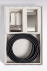 Reversible leather belt case with silver-plated buckles