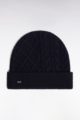 Bonnet à torsades en laine et coton marine