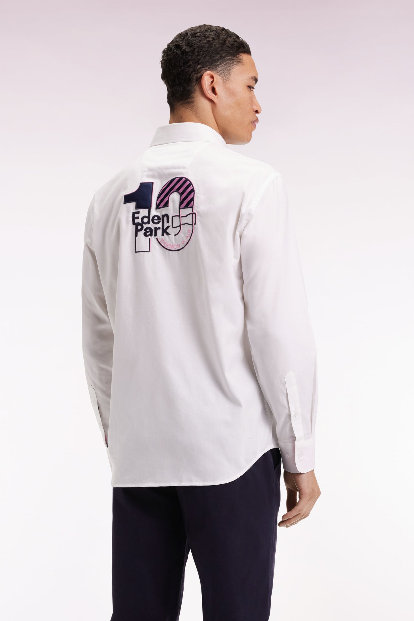 White cotton pinpoint shirt embroidery 10 back straight cut