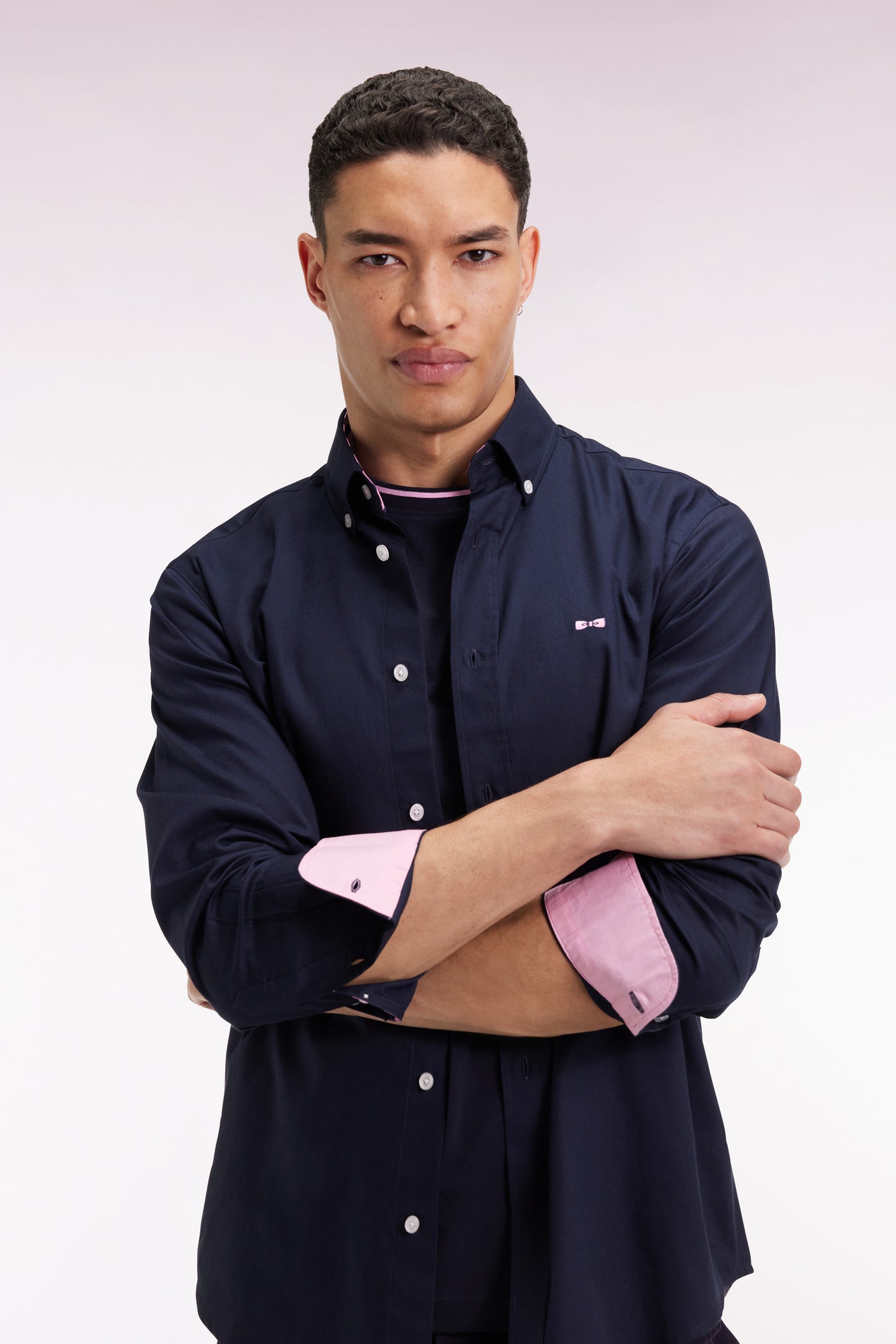 Navy pinpoint cotton shirt embroidery 10 back straight cut