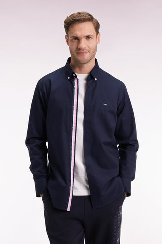 Chemise en coton pinpoint marine broderie dos coupe droite