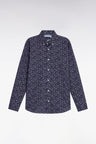 Chemise en coton marine à micro-motifs fleurs coupe droite