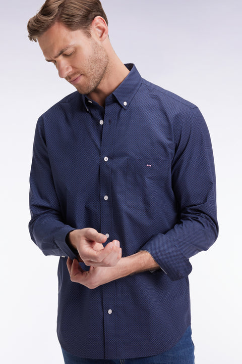 Chemise en popeline de coton à micro-motifs bleus coupe droite - Image 1