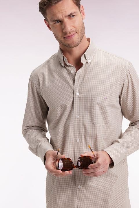 Chemise vichy en popeline de coton beige coupe droite - Image 3