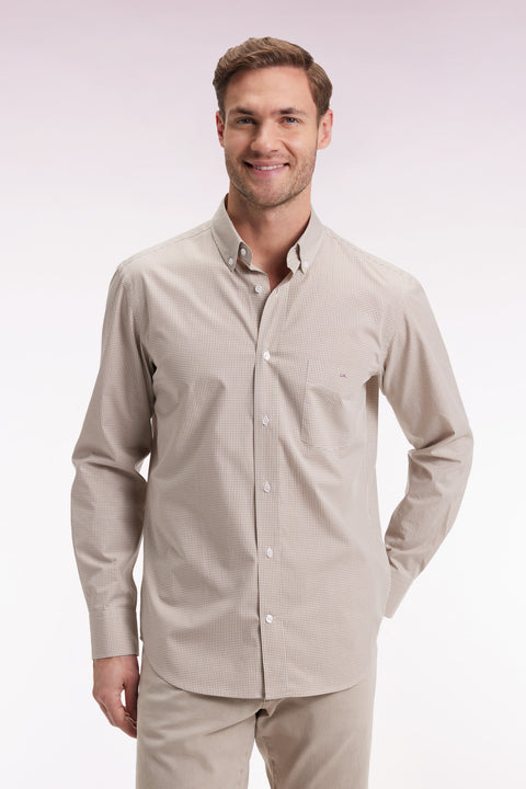 Chemise vichy en popeline de coton beige coupe droite - Image 1