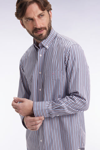 Chemise en coton marine à rayures contrastées coupe droite