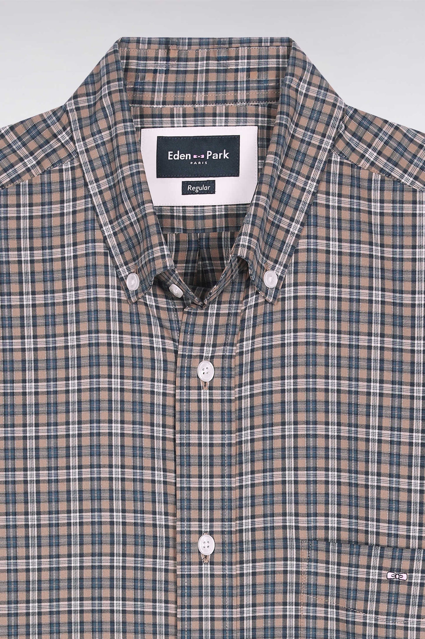 Beige cotton check shirt, straight cut