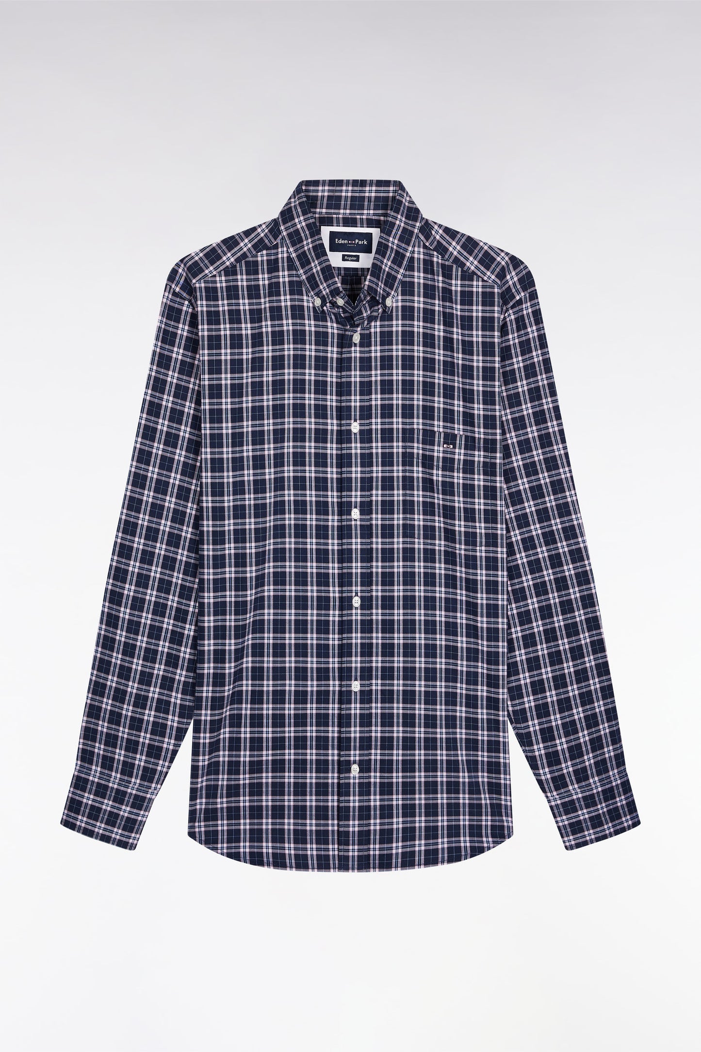 Navy and pink cotton check shirt, straight cut