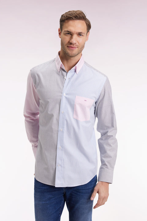 Chemise en twill de coton à rayures trois couleurs coupe droite - Image 1