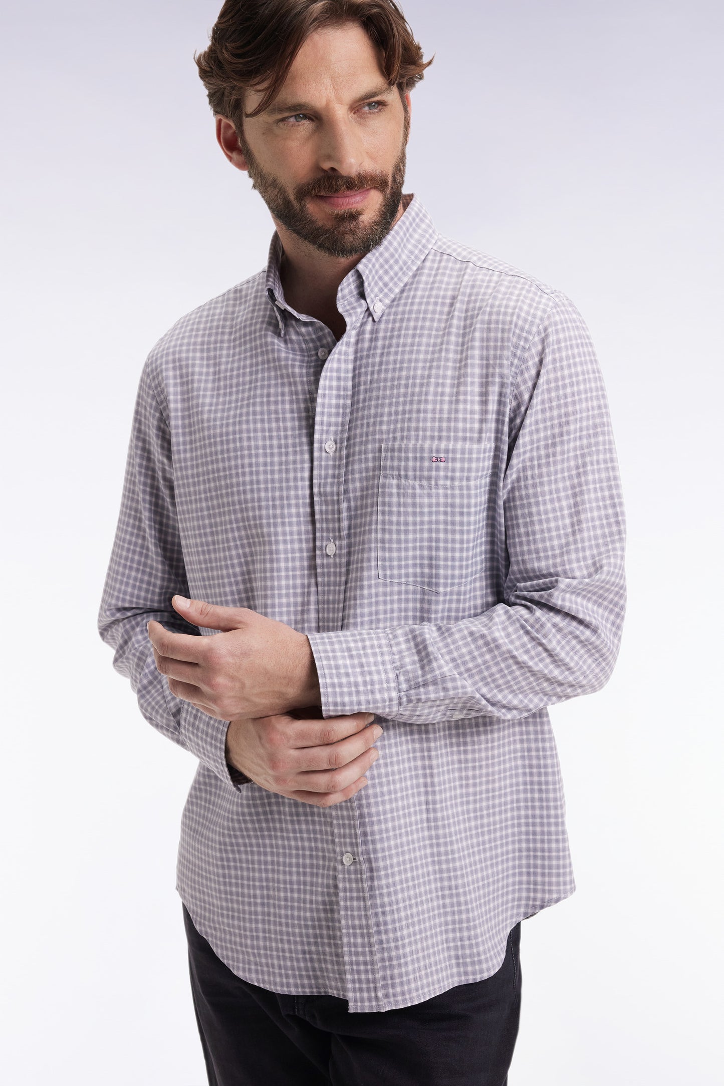 Chemise en coton à carreaux gris coupe droite