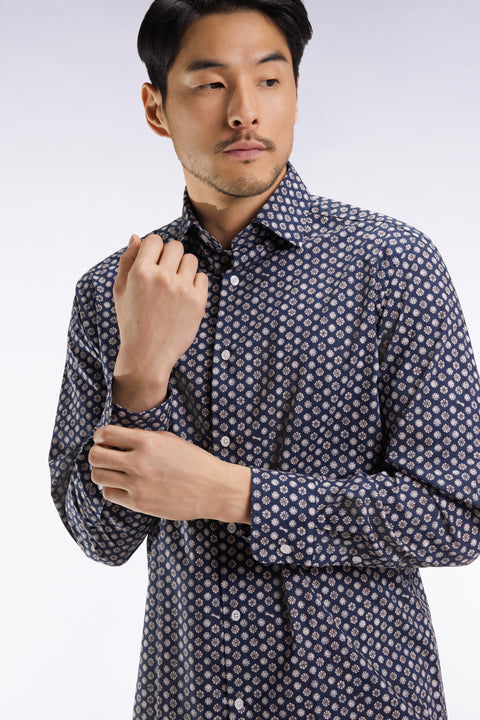 Chemise en coton marine à imprimé floral graphique coupe droite - Image 3