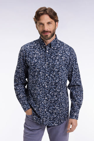 Chemise à micro-motifs fleurs en coton marine coupe droite