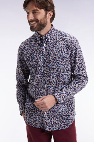 Cotton poplin shirt with blue floral micropatterns, straight cut
