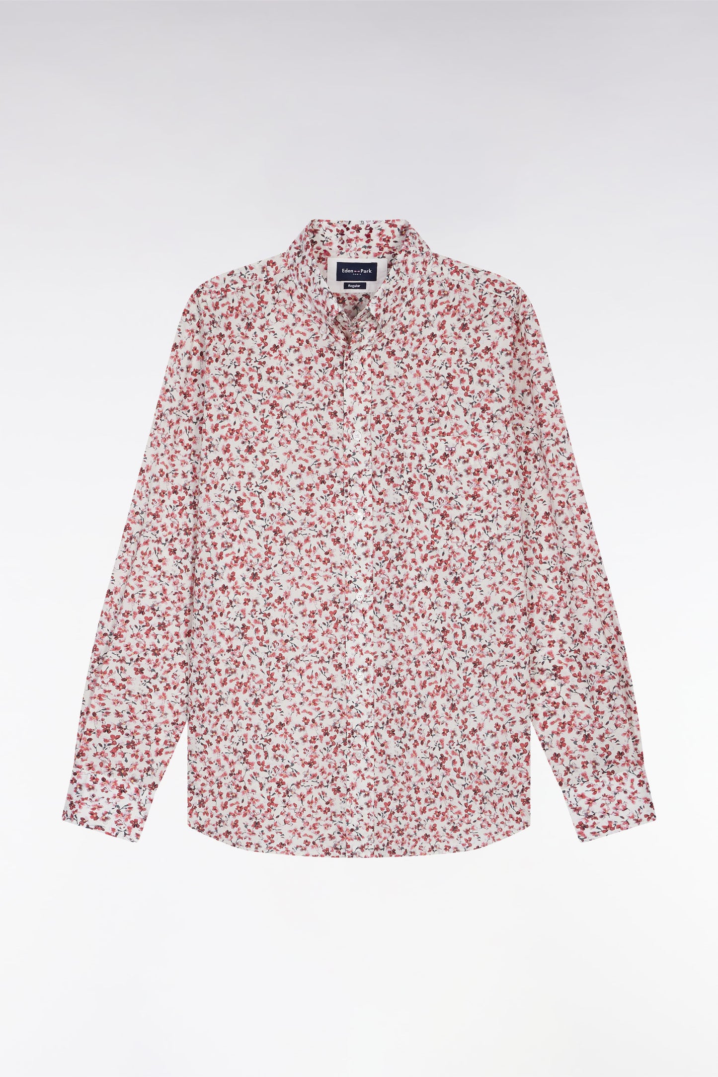 Chemise en popeline de coton à micro-motifs fleurs rouge coupe droite