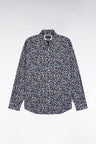 Chemise en popeline de coton à micro-motifs fleurs bleu coupe droite