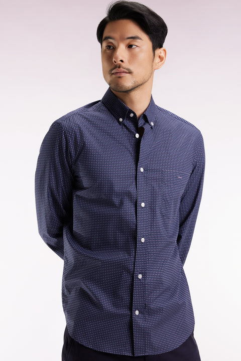 Chemise en coton Pima marine à micro-motifs nœud papillon coupe droite - Image 1