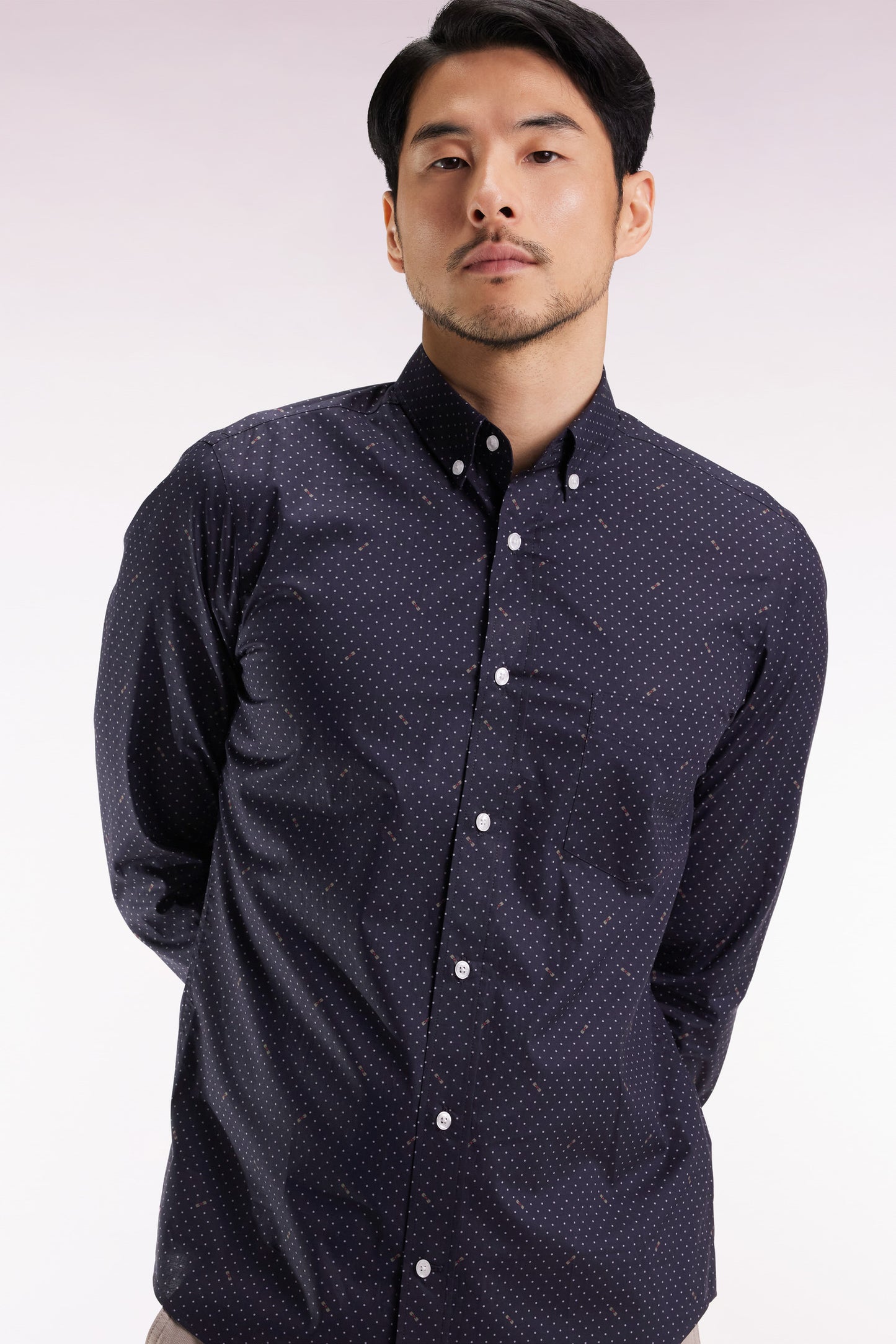 Black Pima cotton shirt with micro-patterned polka dots, slim fit