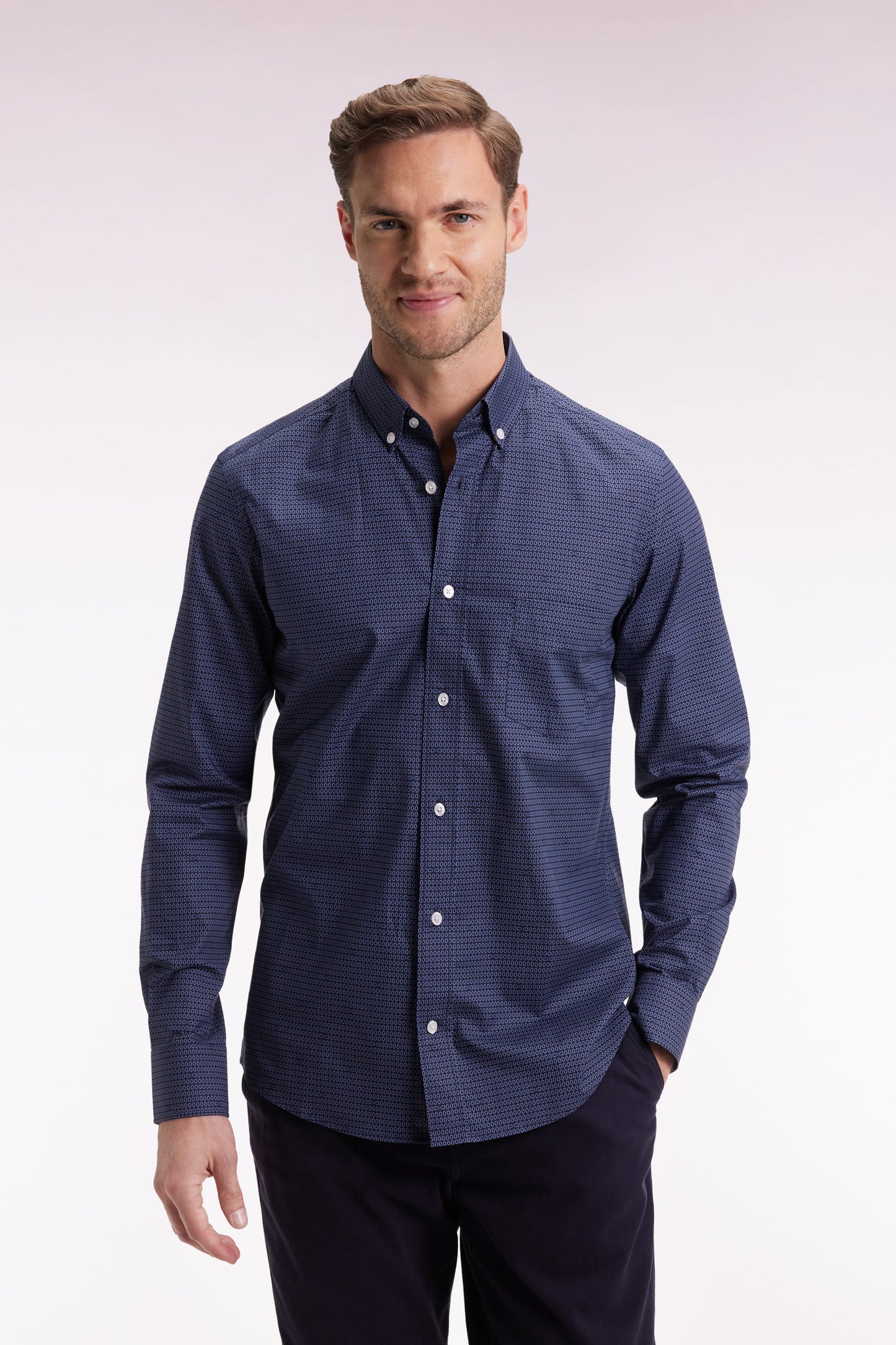 Slim-fit navy Pima cotton shirt with micro-patterns