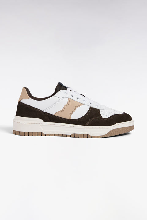 Sneakers bimatières en cuir lisse blanc et cuir suédé marron - Image 1