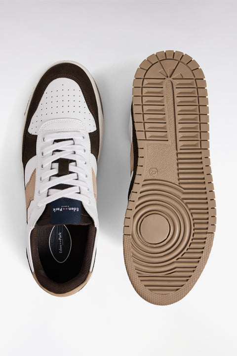 Sneakers bimatières en cuir lisse blanc et cuir suédé marron - Image 2