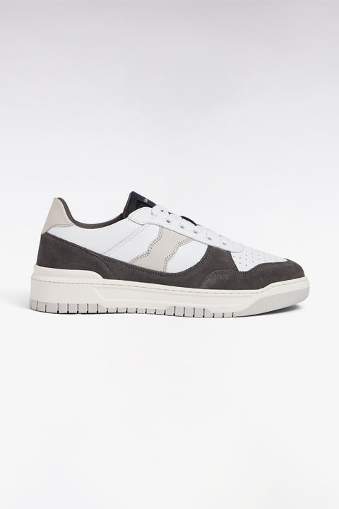 Sneakers bimatières en cuir lisse blanc et cuir suédé marron - Image 1