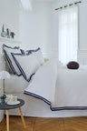 Housse de couette en percale de coton blanche à bordure marine