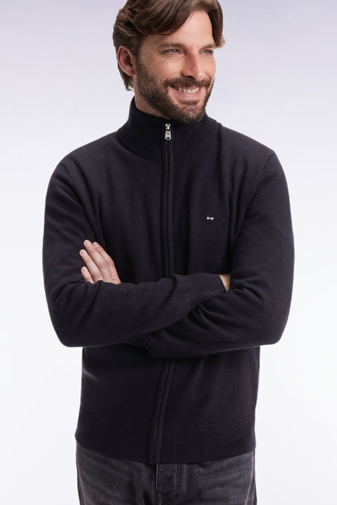 Cardigan zippé en laine et coton noir coupe droite - Image 3