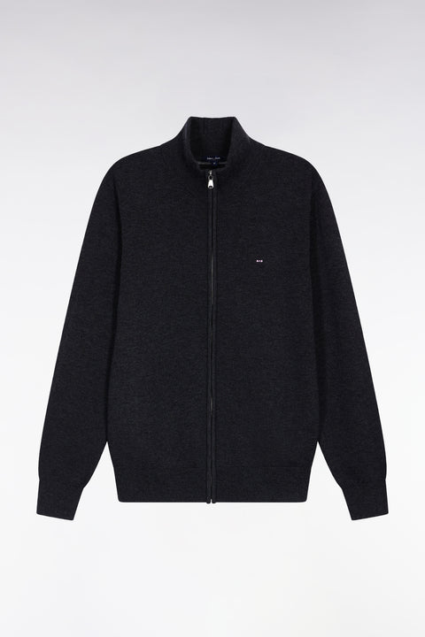 Zipped cardigan in dark grey wool and cotton, straight cut - Image 2