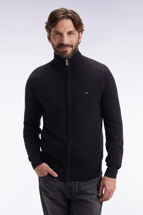 Cardigan zippé en laine et coton noir coupe droite - Image 1