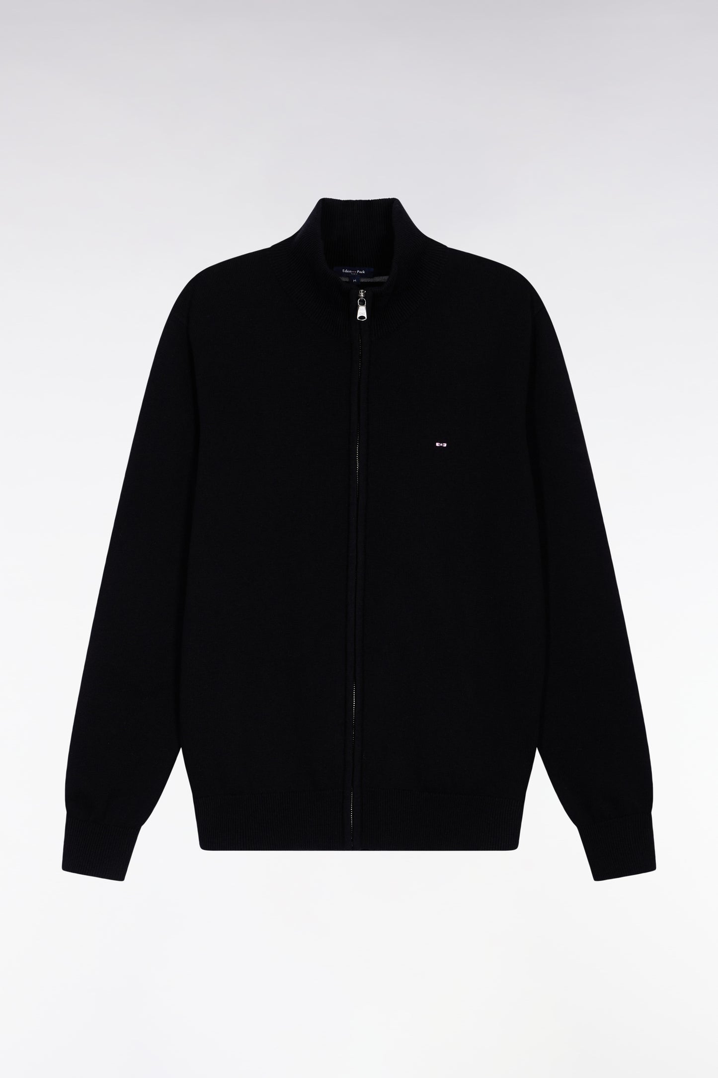 Cardigan zippé en laine et coton noir coupe droite