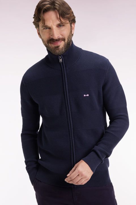 Cardigan zippé en coton nid d'abeille marine coupe droite - Image 3