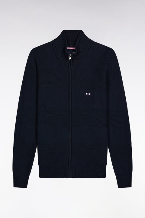 Cardigan zippé en coton nid d'abeille marine coupe droite - Image 2
