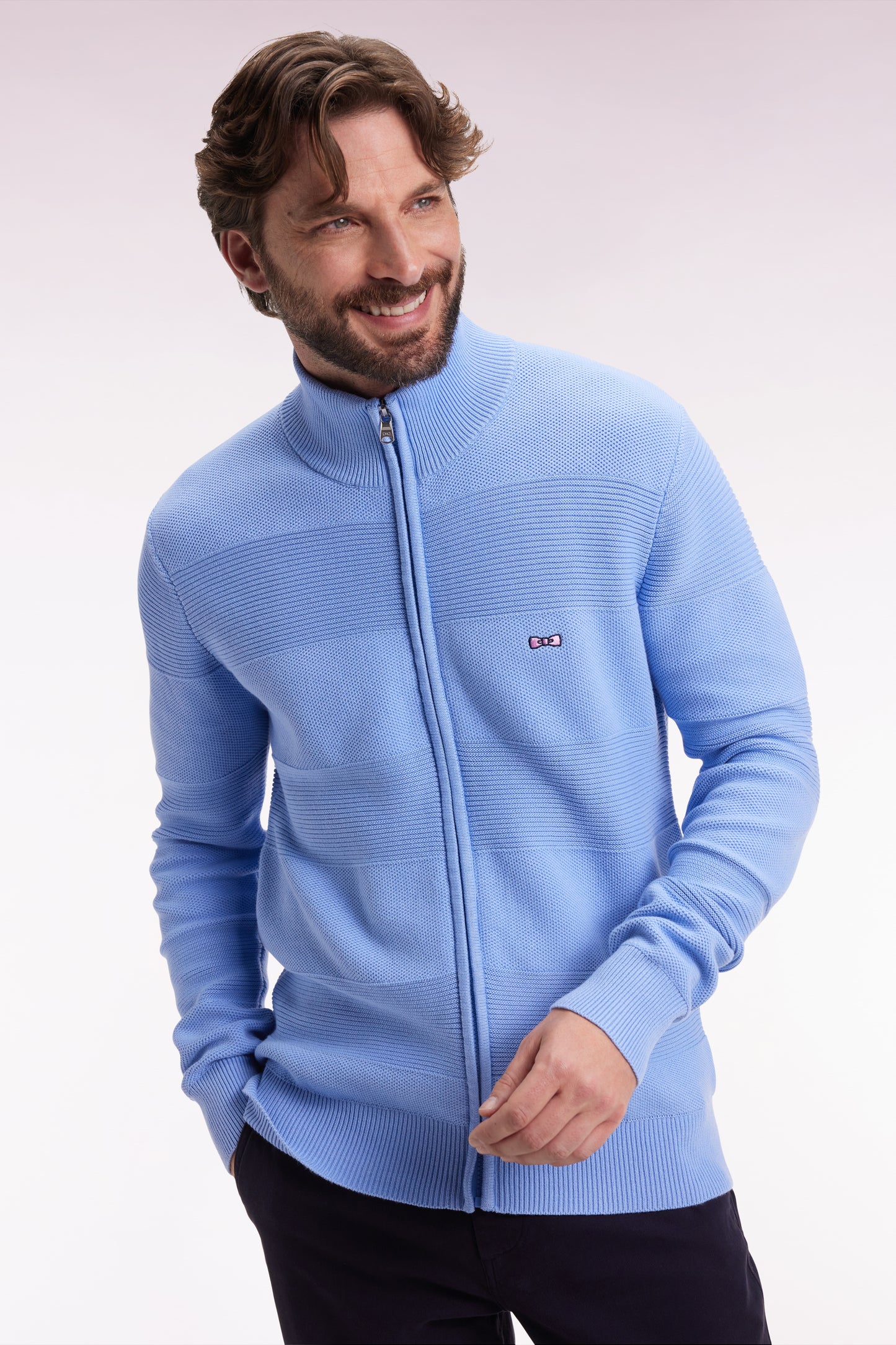 Cardigan zippé en coton nid d'abeille ciel coupe droite