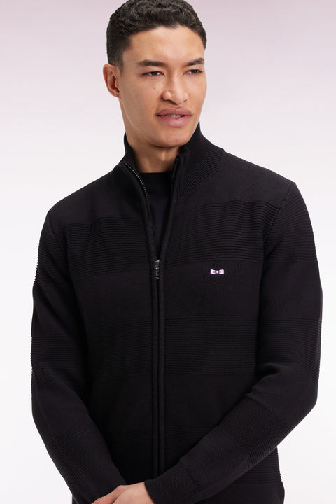Cardigan zippé en coton nid d'abeille noir coupe droite - Image 3