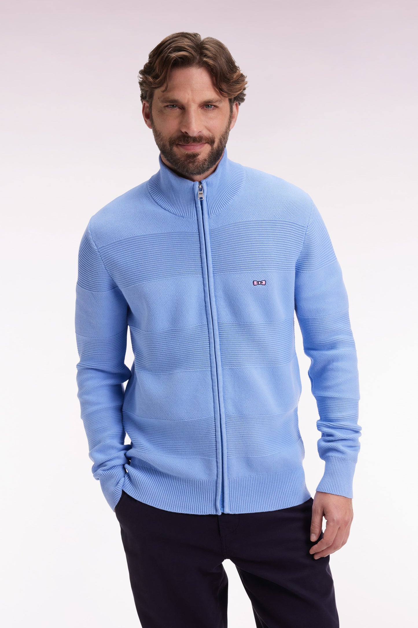 Cardigan zippé en coton nid d'abeille ciel coupe droite