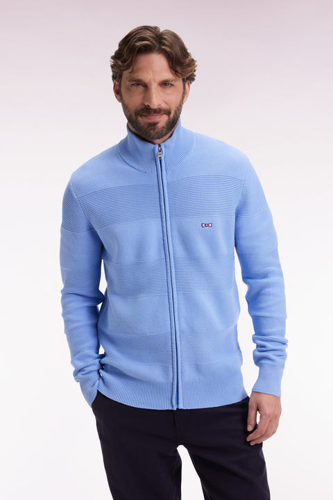 Cardigan zippé en coton nid d'abeille ciel coupe droite - Image 1