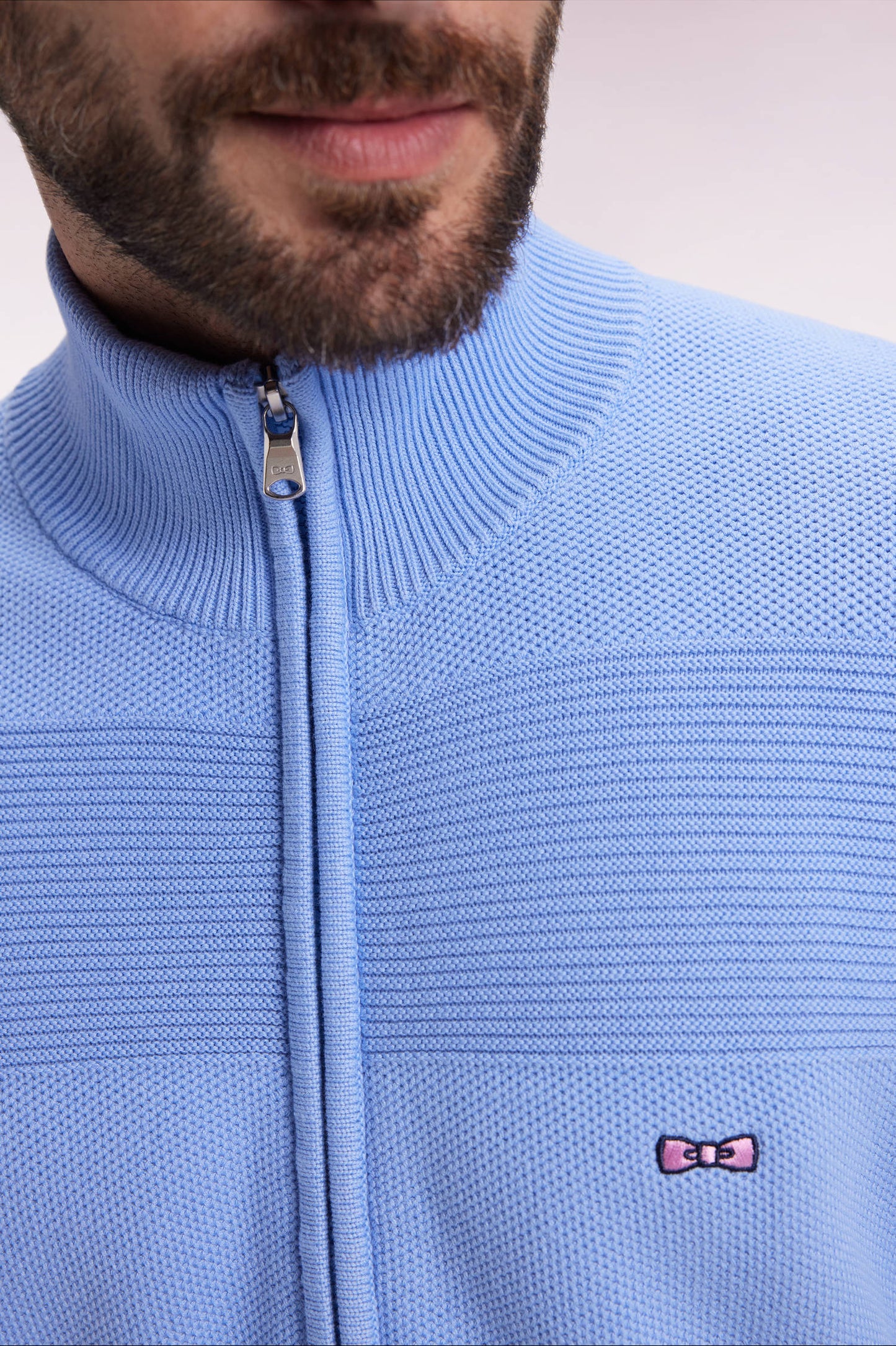 Cardigan zippé en coton nid d'abeille ciel coupe droite
