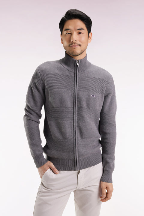 Cardigan zippé en coton nid d'abeille gris coupe droite - Image 1