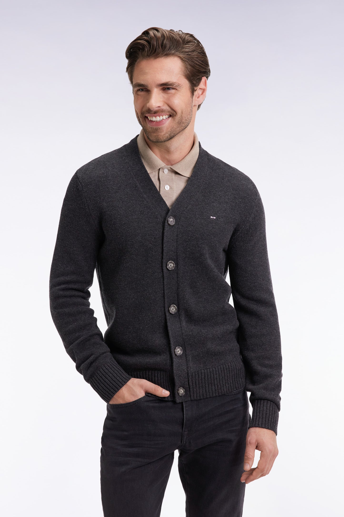 Grey wool and cotton cardigan, straight cut