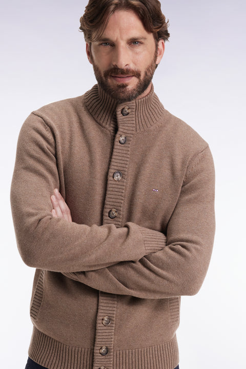 Cardigan à col montant en laine et coton camel - Image 3