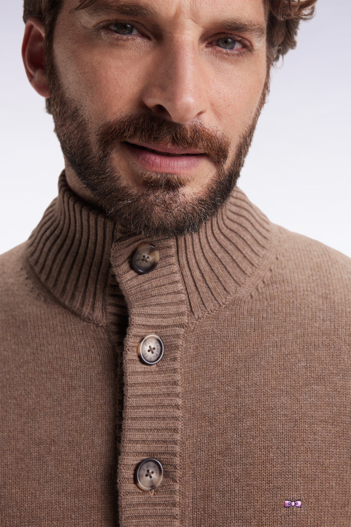 Cardigan à col montant en laine et coton camel