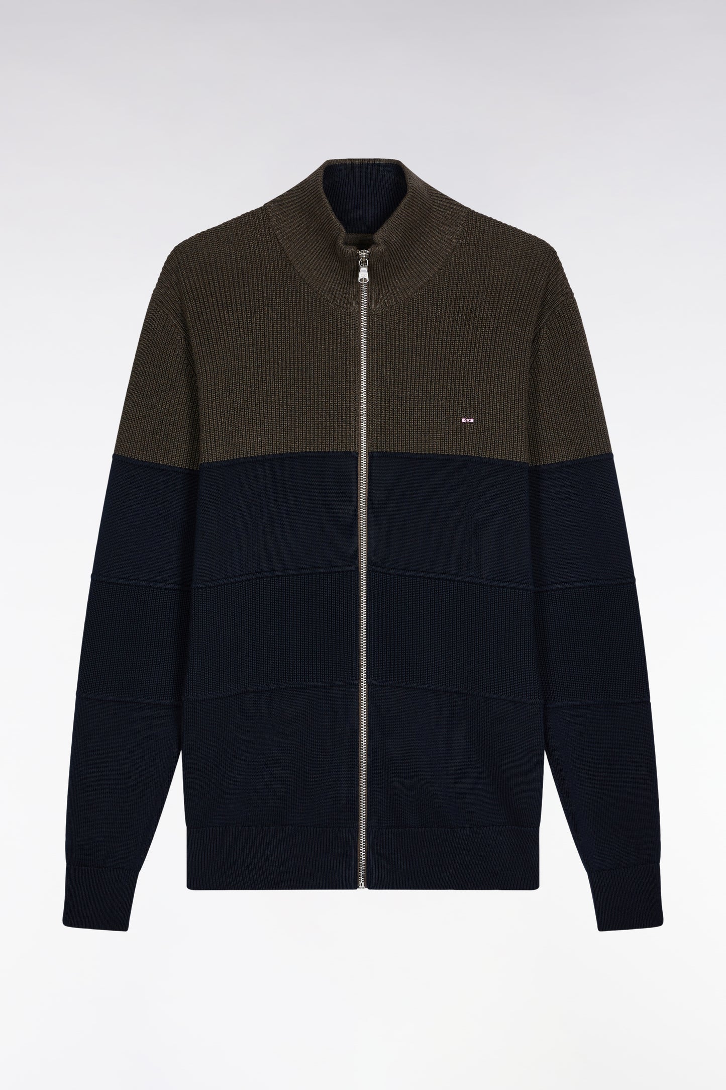Cardigan zippé en coton bicolore marine et marron coupe droite