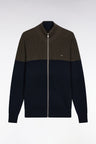 Cardigan zippé en coton bicolore marine et marron coupe droite