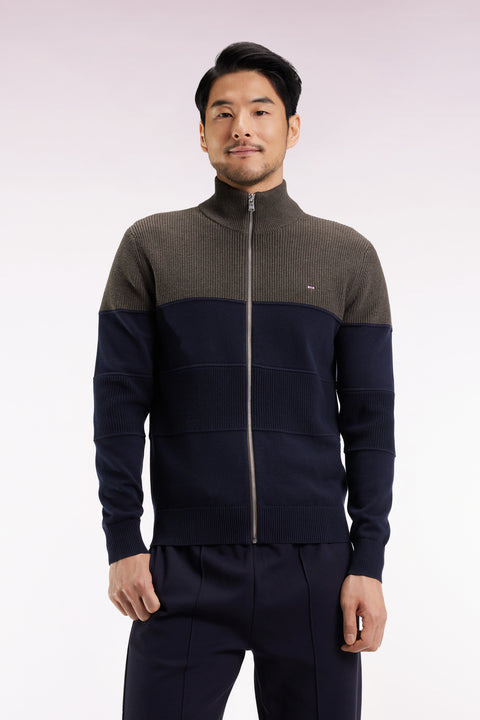 Cardigan zippé en coton bicolore marine et marron coupe droite - Image 1