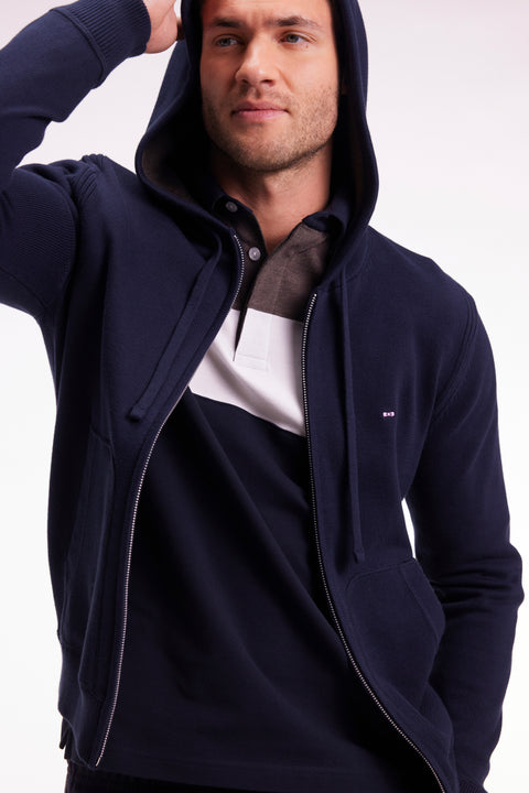 Pull à capuche zippé en coton marine coupe droite - Image 3