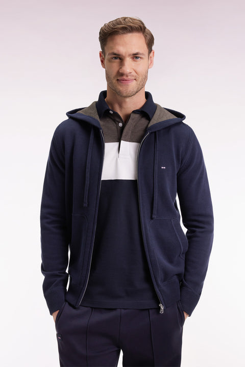 Pull à capuche zippé en coton marine coupe droite - Image 1