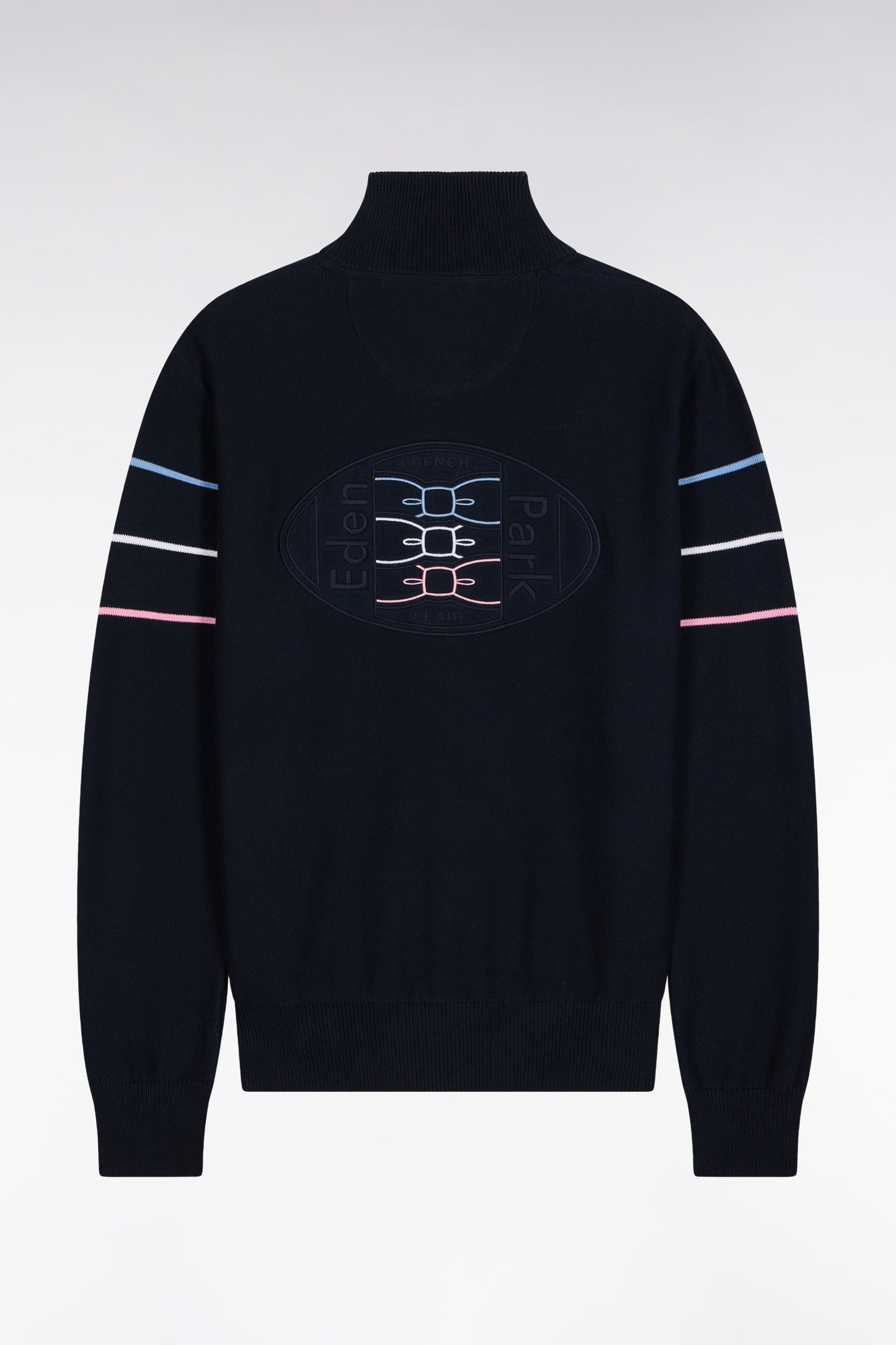 Cardigan zippé en coton marine à liserés colorés coupe droite