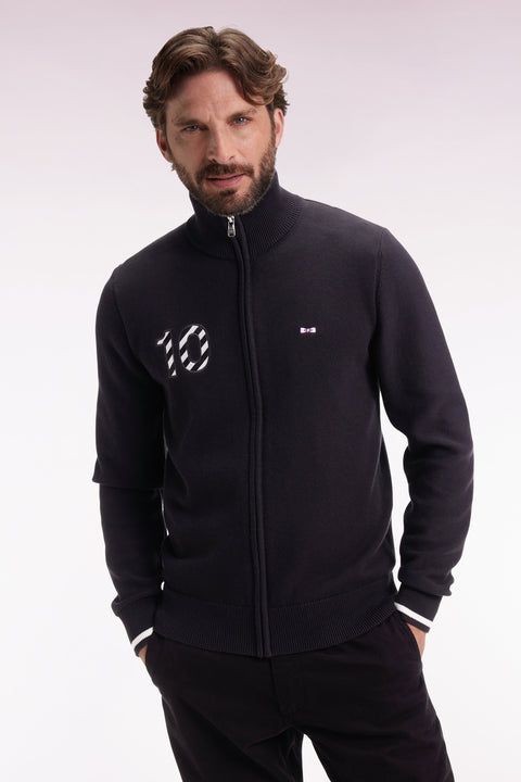 Cardigan zippé en coton marine broderie 10 noir coupe droite - Image 1