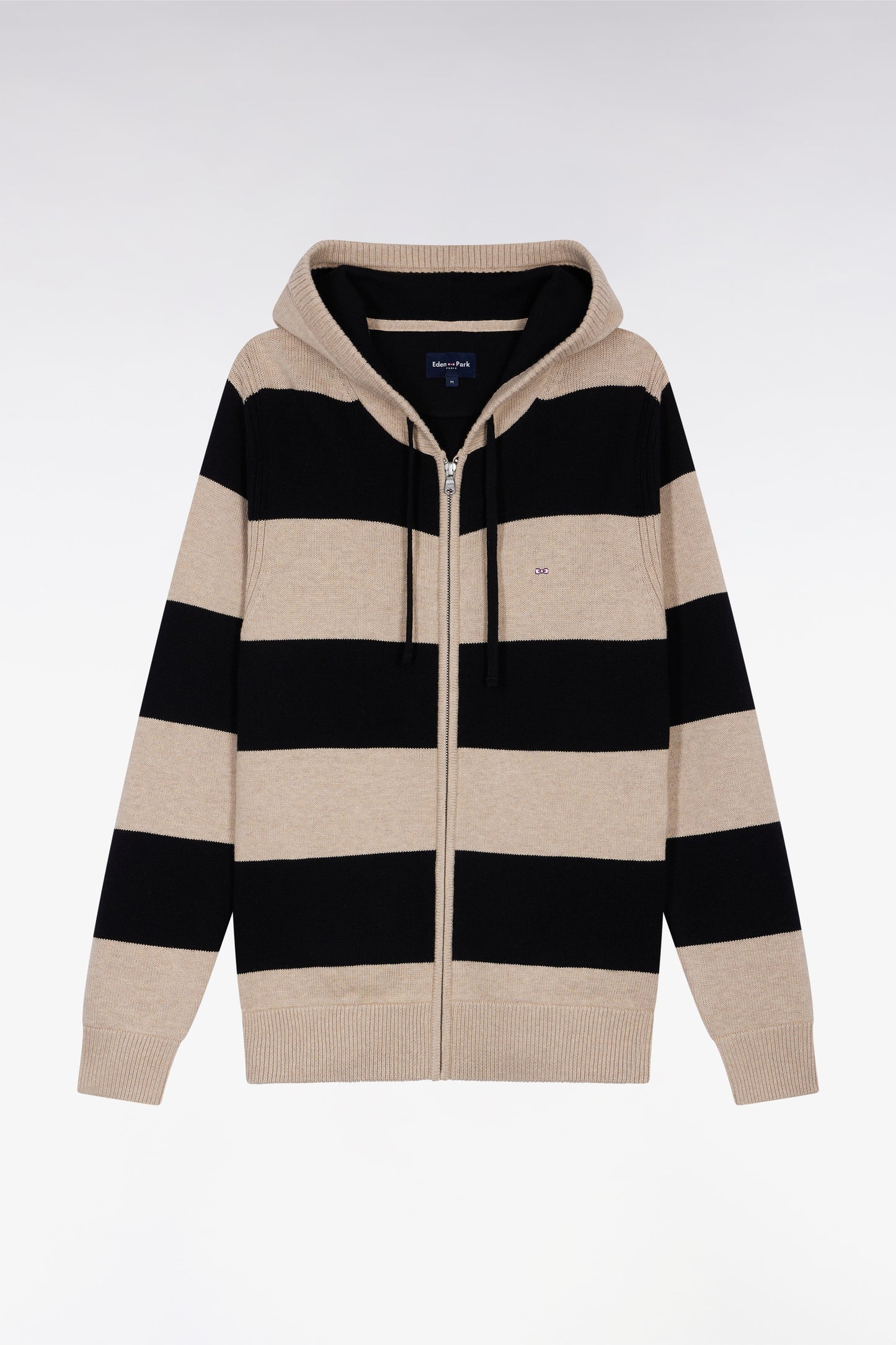 Pull à capuche zippé en laine et coton rayé marine et beige coupe droite